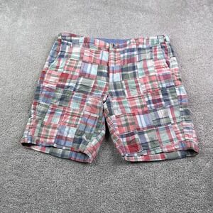 LL Bean Shorts Womens 18 Pink Green Plaid Madras Patchwork Chino Favorite Fit